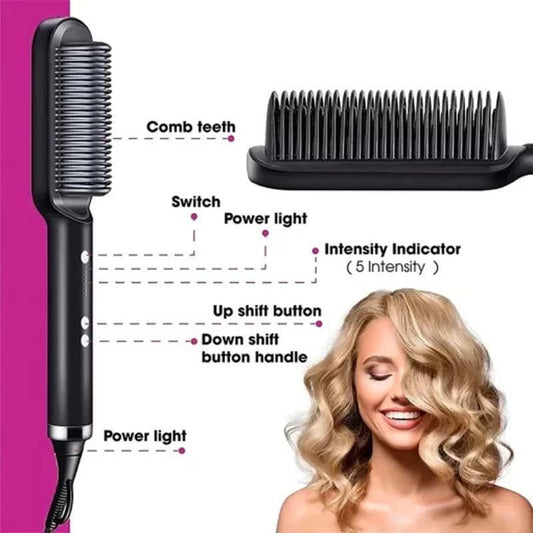 Premium 2-in-1 Professional Hair Straightener Brush – Anti-Scald Ceramic Heating Comb with 5 Temperature LevelsAll Hair Types (130°C to 200°C)