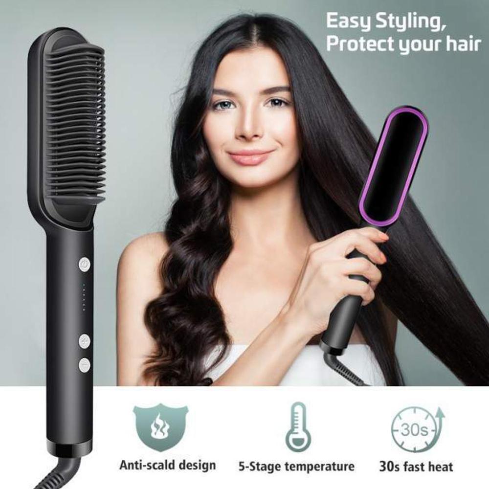 Premium 2-in-1 Professional Hair Straightener Brush – Anti-Scald Ceramic Heating Comb with 5 Temperature LevelsAll Hair Types (130°C to 200°C)