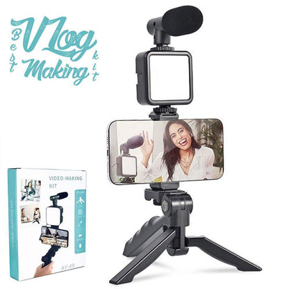 AY-49 Vlogging Kit – 5-in-1 Professional Video Making Setup with LED Light, Shotgun Mic, Tripod Stand, and Phone Holder