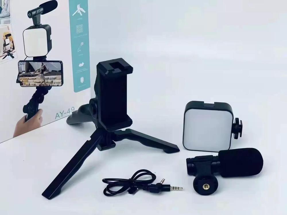 AY-49 Vlogging Kit – 5-in-1 Professional Video Making Setup with LED Light, Shotgun Mic, Tripod Stand, and Phone Holder