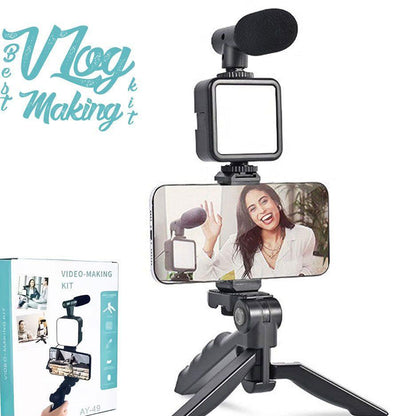 AY-49 Vlogging Kit – 5-in-1 Professional Video Making Setup with LED Light, Shotgun Mic, Tripod Stand, and Phone Holder